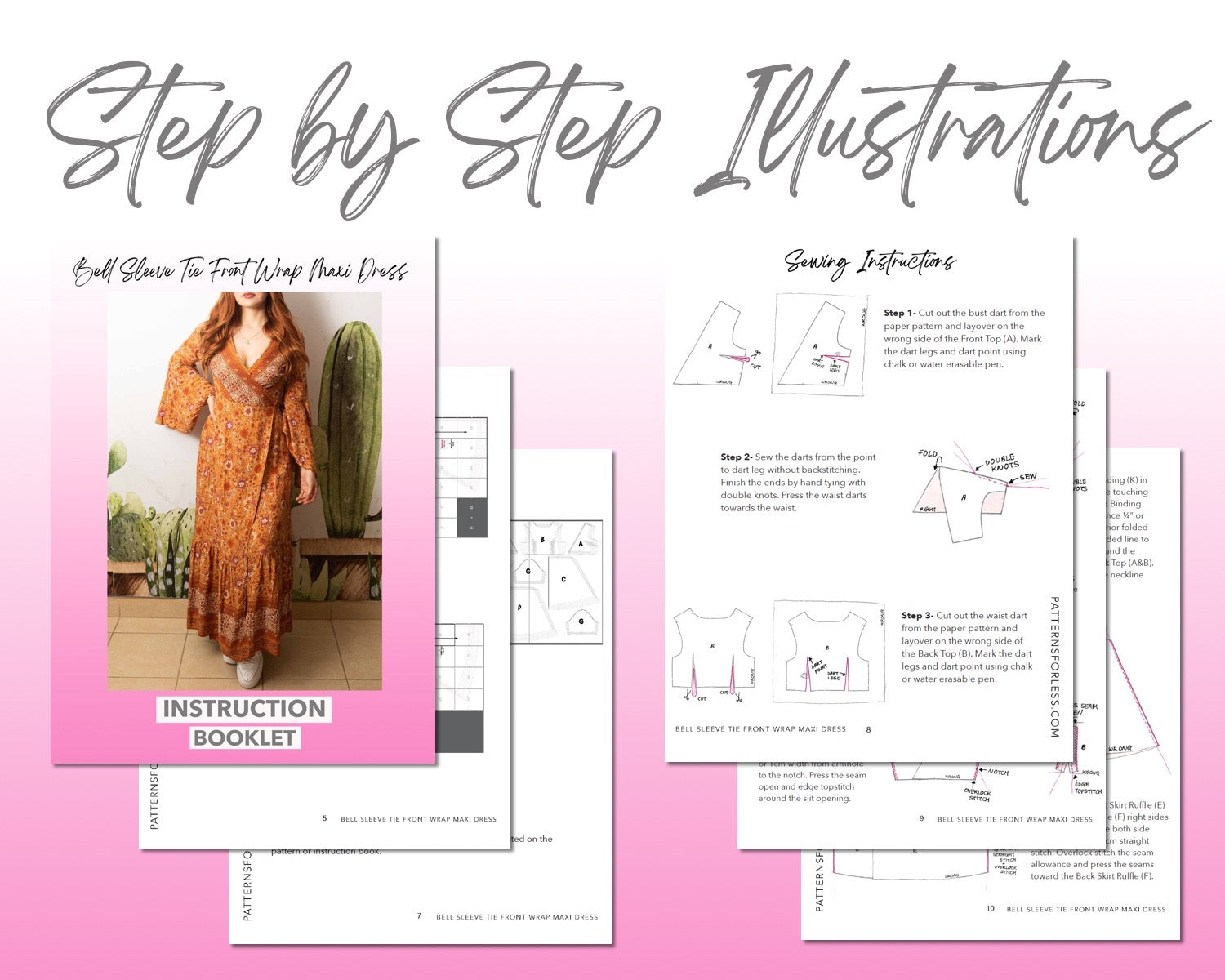 Bell Sleeve Tie Front Wrap Maxi Dress sewing pattern step by step illustrations.