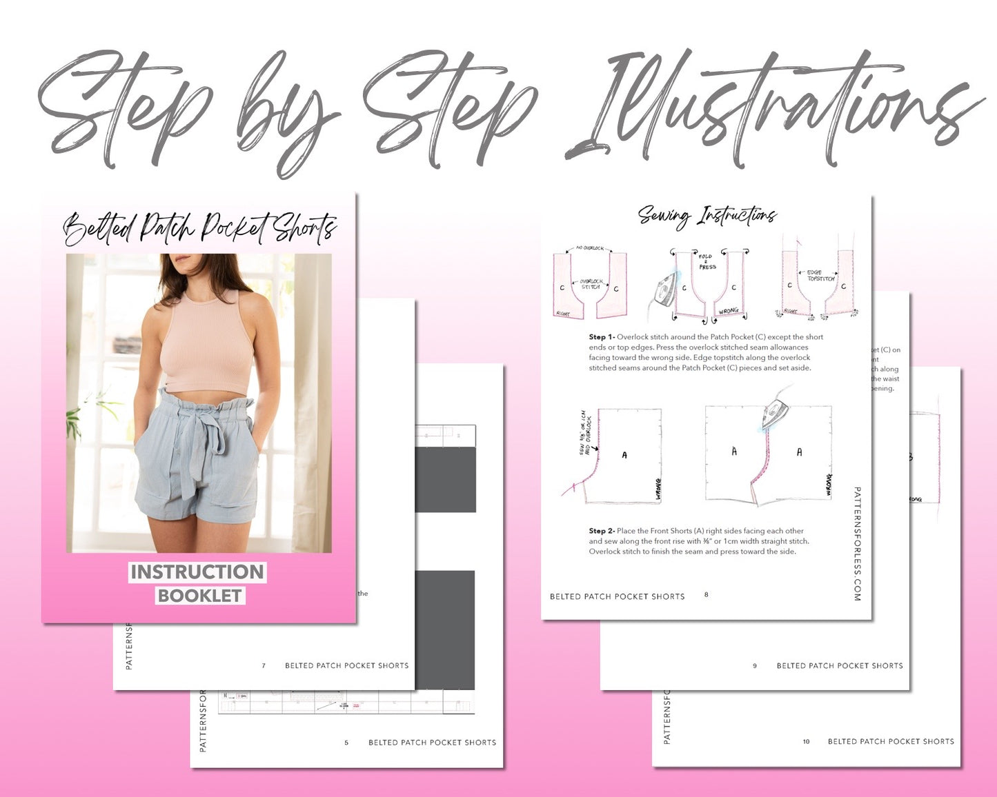 Belted Patch Pocket Shorts sewing pattern step by step illustrations.