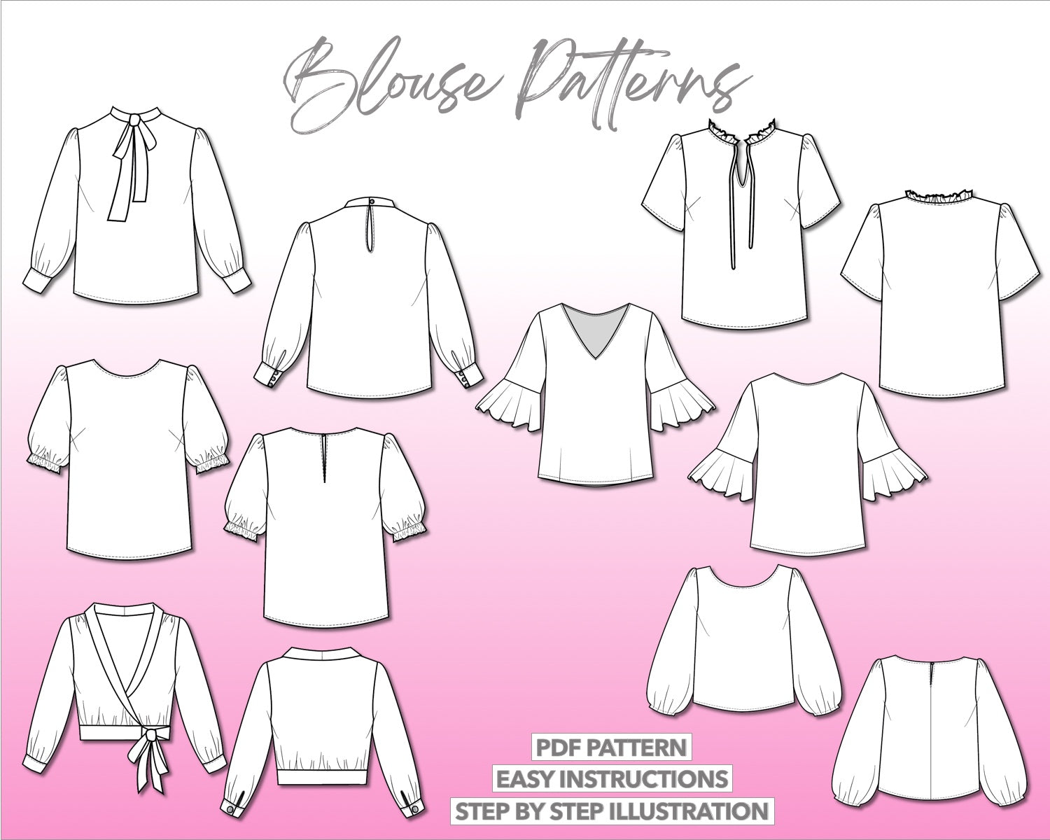 Illustration and detailed description for Blouse Pattern Bundle sewing pattern.