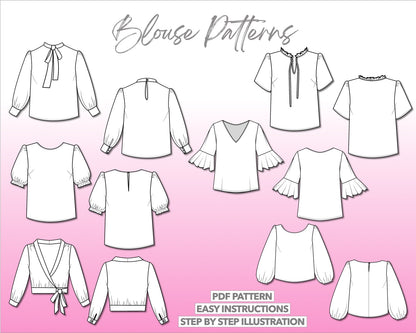 Illustration and detailed description for Blouse Pattern Bundle sewing pattern.