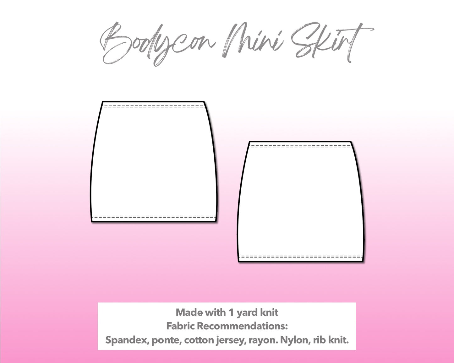 Illustration and detailed description for Bodycon Mini Skirt sewing pattern.
