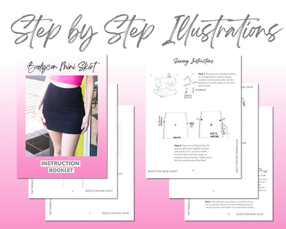 Bodycon Mini Skirt sewing pattern step by step illustrations.