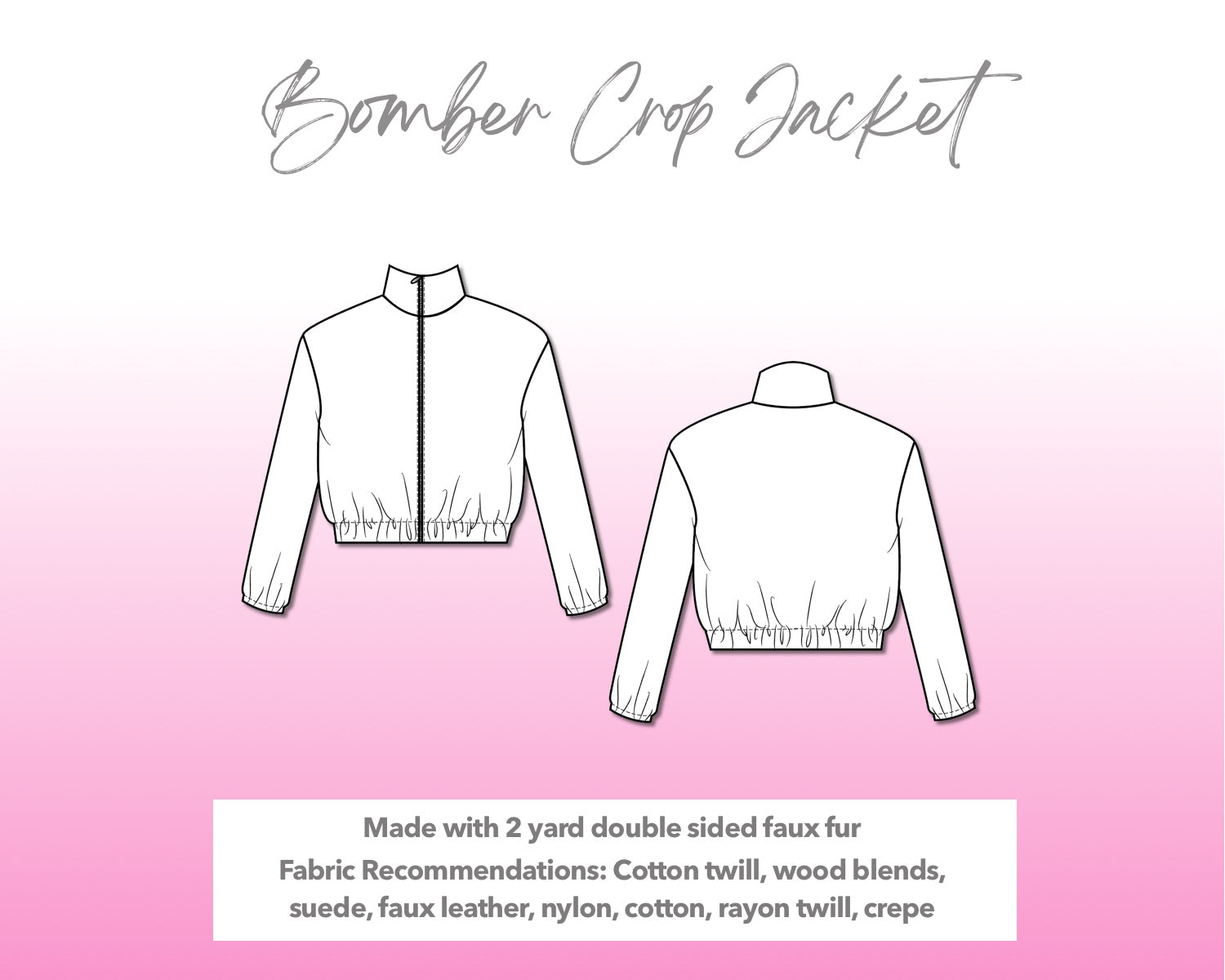 Illustration and detailed description for Bomber Crop Jacket sewing pattern.