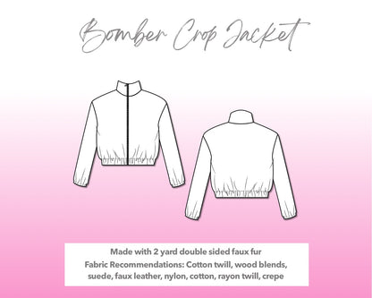 Illustration and detailed description for Bomber Crop Jacket sewing pattern.