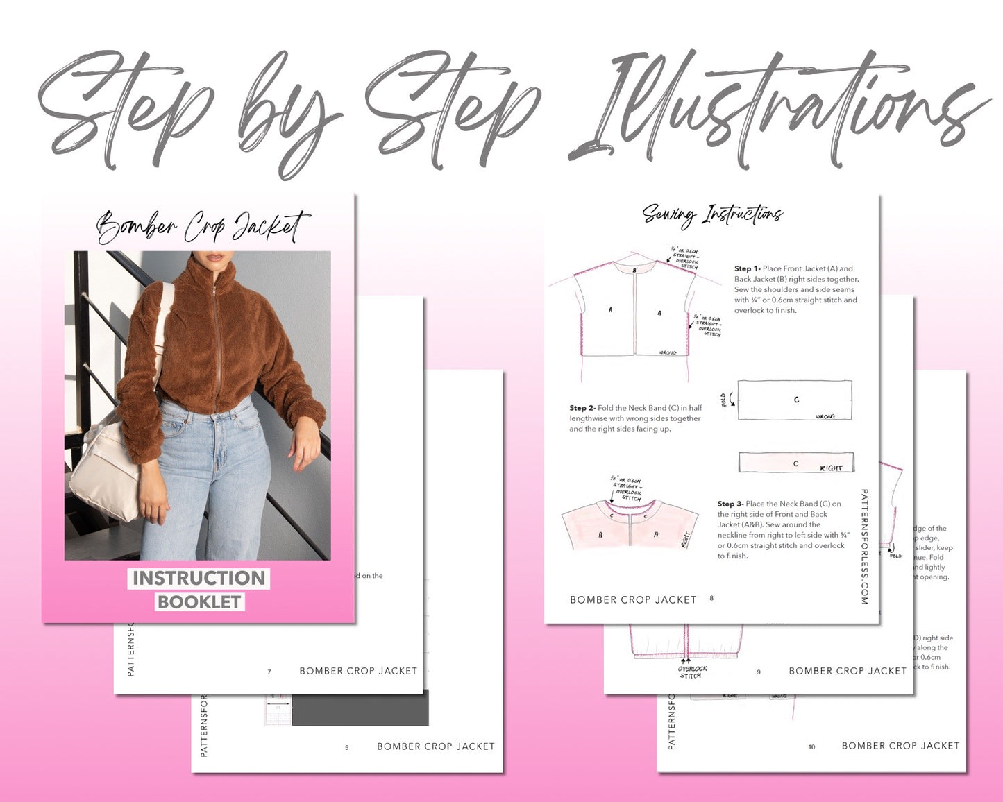 Bomber Crop Jacket sewing pattern step by step illustrations.