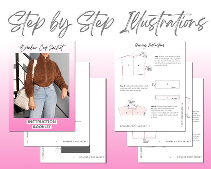 Bomber Crop Jacket sewing pattern step by step illustrations.