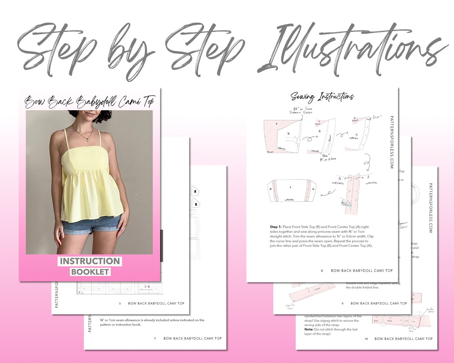 Bow Back Babydoll Cami Top sewing pattern step by step illustrations.