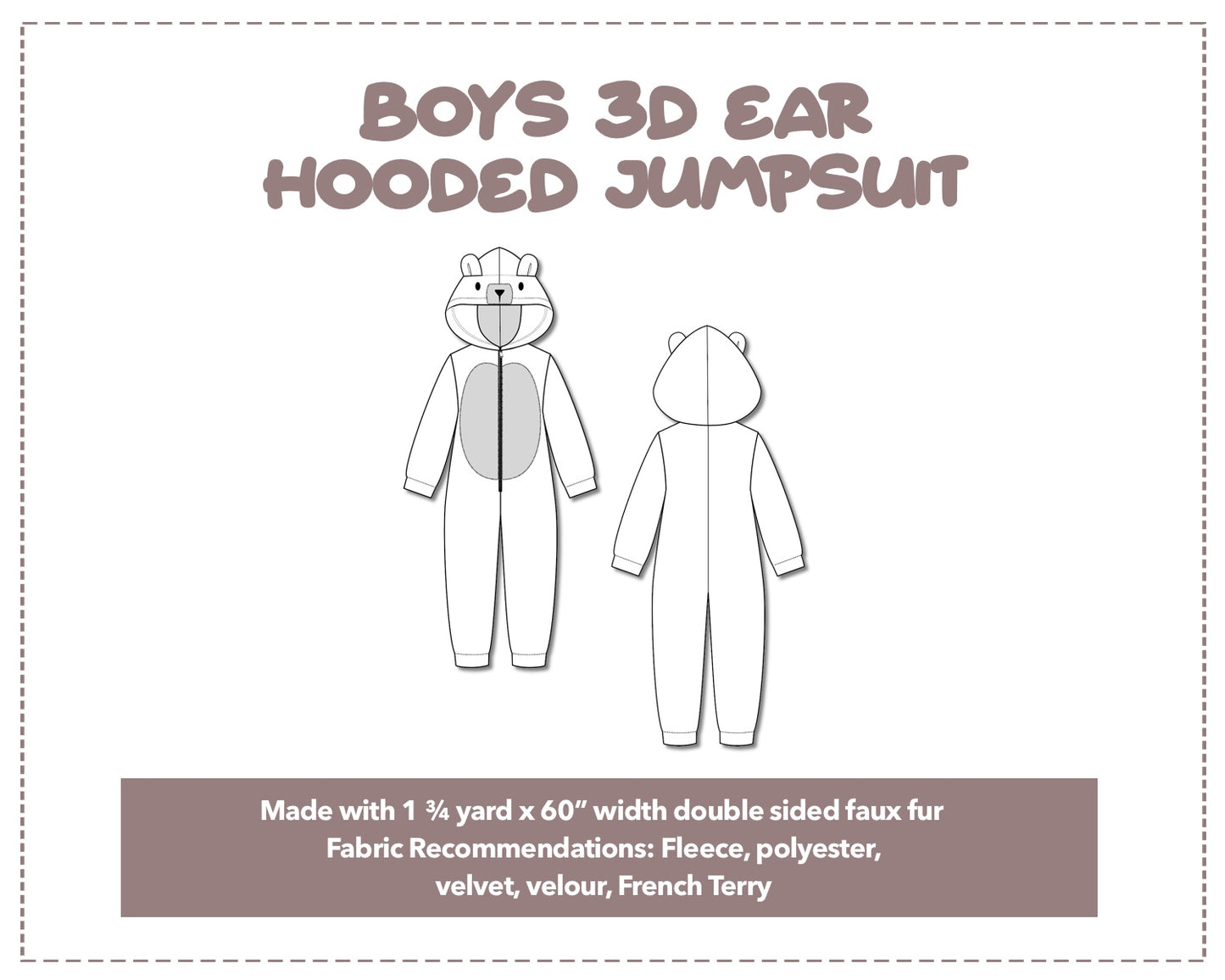 Illustration and detailed description for Boys 3D Ear Hooded Jumpsuit sewing pattern.