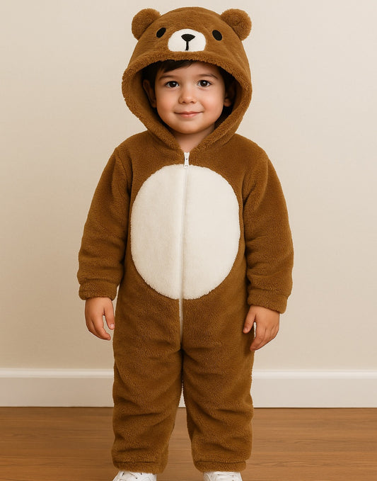 Child wearing a brown Boys 3D Ear Hooded Jumpsuit against a plain background