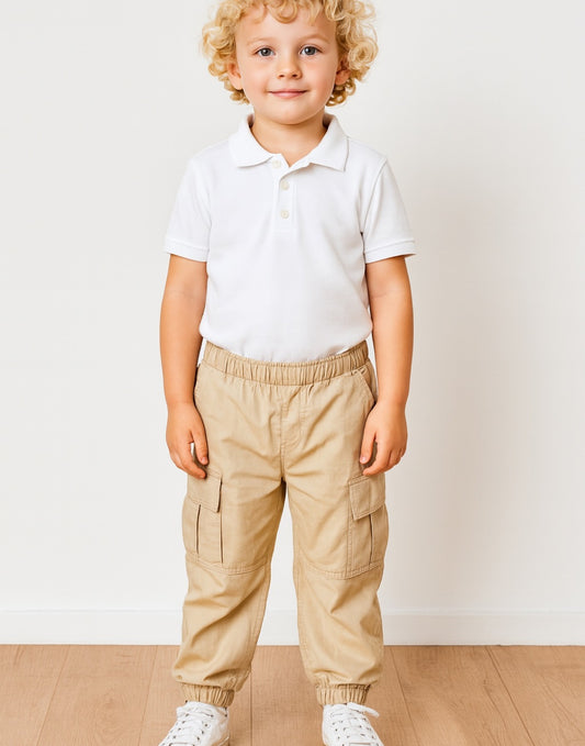Child wearing a white polo shirt and beige Cargo Pants standing on a wooden floor with a white wall background.