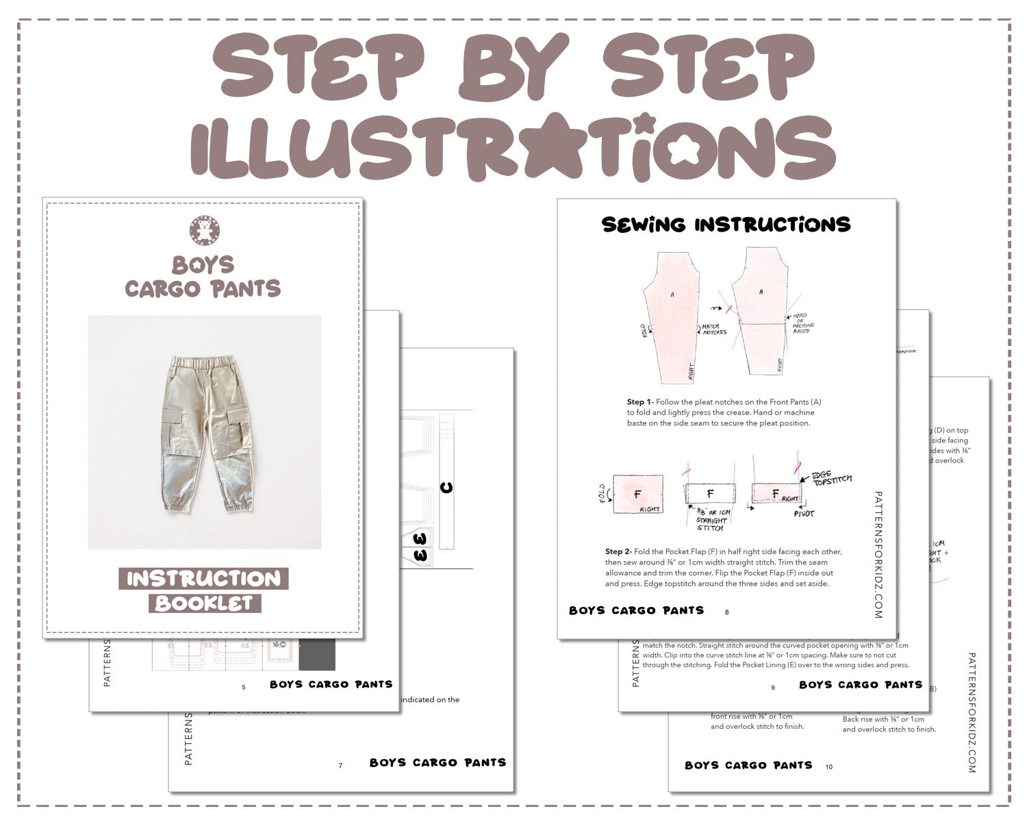 Boys Cargo Pocket Pants sewing pattern step by step illustrations.