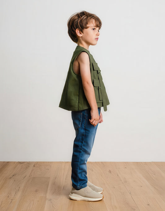 Side view of child wearing a green Cargo Pocket Vest and blue jeans standing against a white wall.