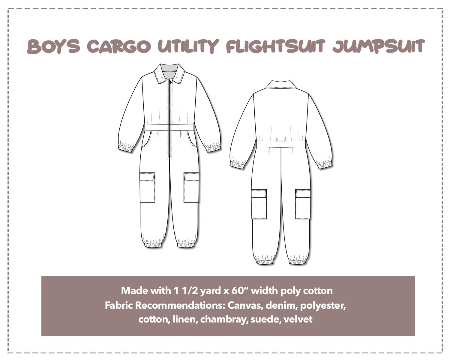 Illustration and detailed description for Boys Cargo Utility Flightsuit Jumpsuit sewing pattern.