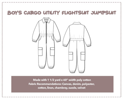 Illustration and detailed description for Boys Cargo Utility Flightsuit Jumpsuit sewing pattern.