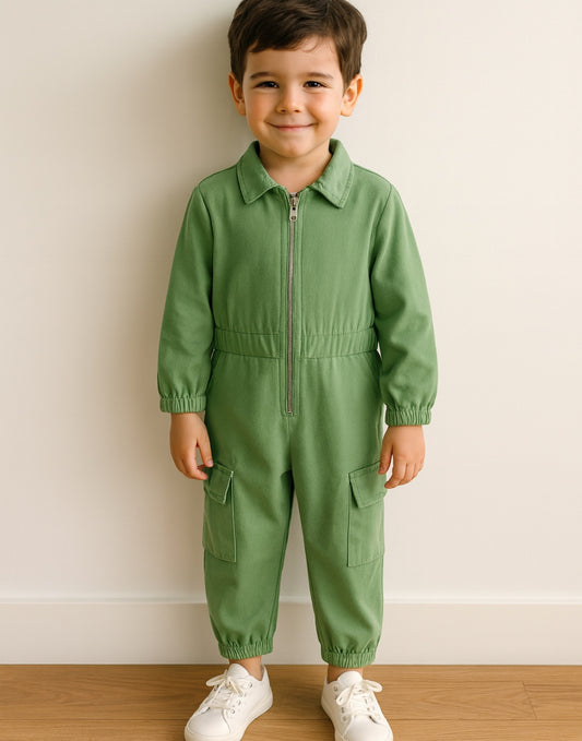 Front view of Boys Cargo Utility Flightsuit Jumpsuit.