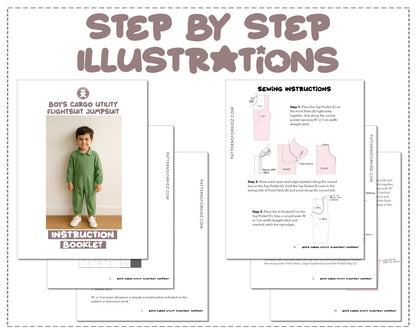Boys Cargo Utility Flightsuit Jumpsuit sewing pattern step by step illustrations.