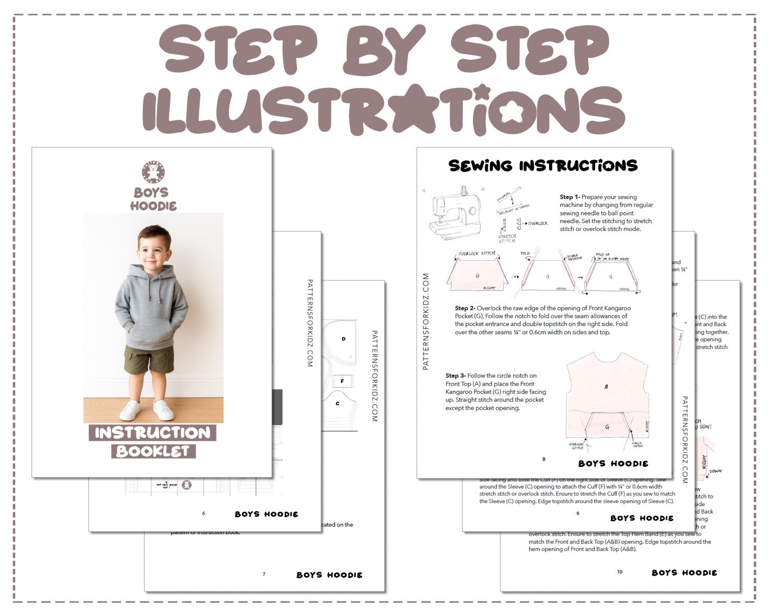 Girls Hoodie sewing pattern step by step illustrations.
