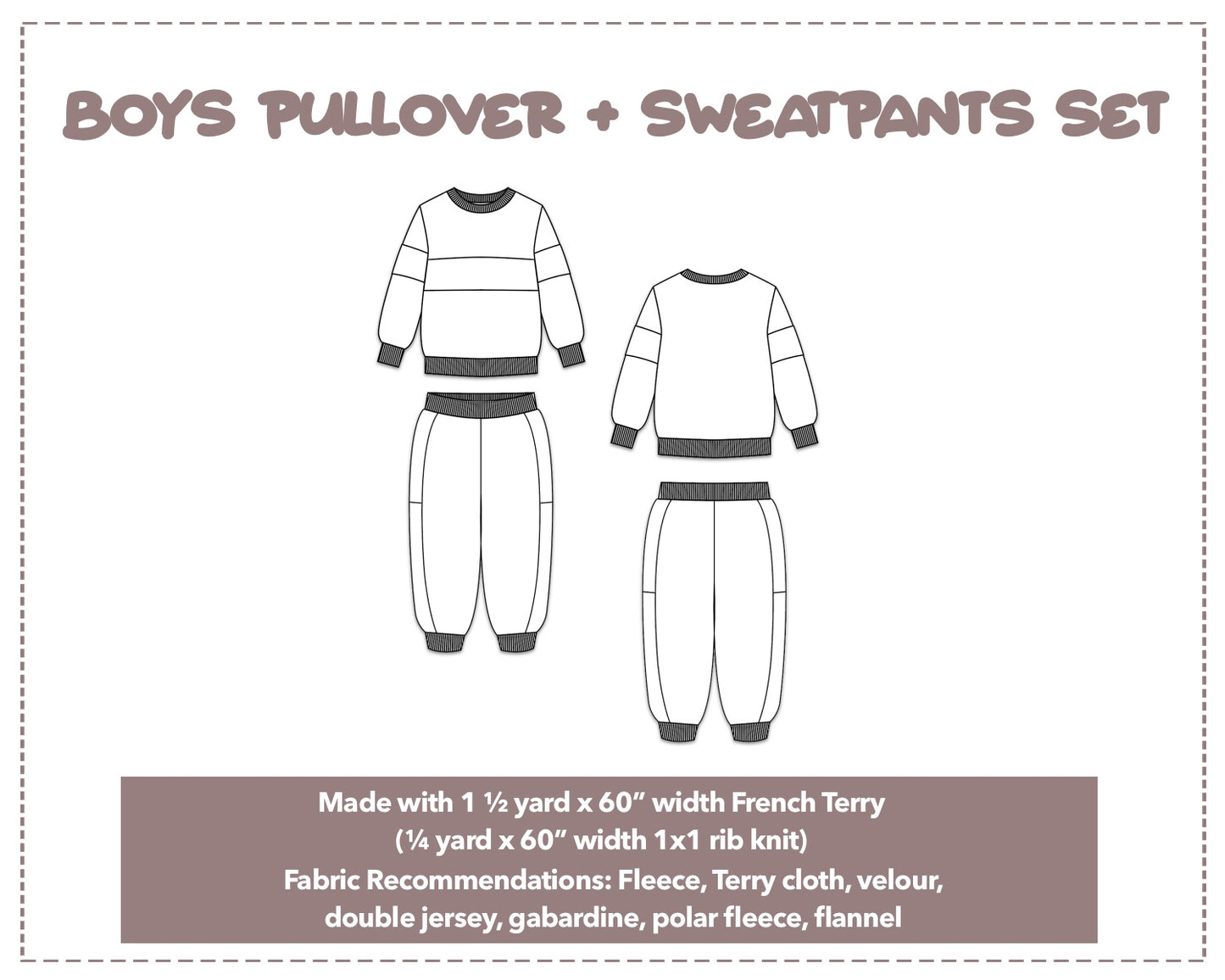 Illustration and detailed description for Boys Pullover and Sweatpants Set sewing pattern.