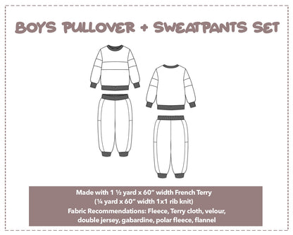 Illustration and detailed description for Boys Pullover and Sweatpants Set sewing pattern.