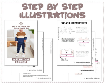 Boys Pullover and Sweatpants Set sewing pattern step by step illustrations.