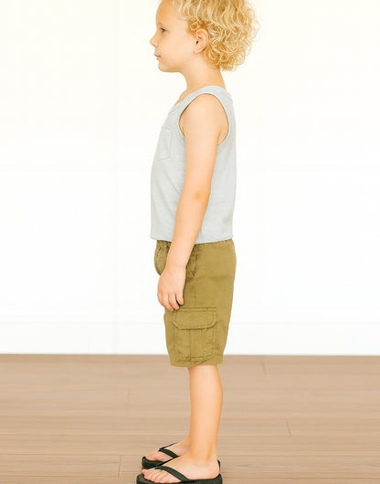 Side view of child wearing a gray Round Neck Pocket Tank Top and green shorts on a white background