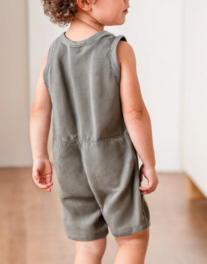 Back view of Boys Sleeveless Button Down Romper.