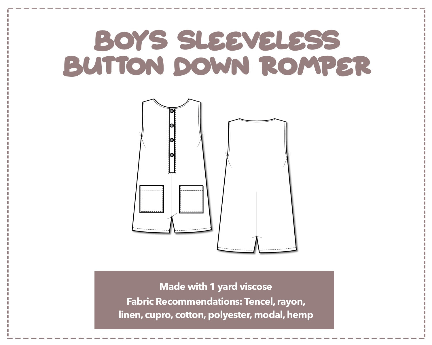 Illustration and detailed description for Sleeveless Button Down Romper sewing pattern.