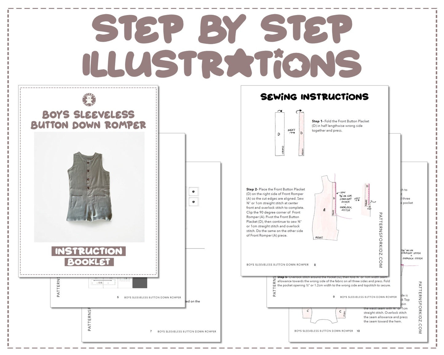 Sleeveless Button Down Romper sewing pattern step by step illustrations.