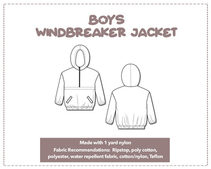 Illustration and detailed description for Boys Windbreaker Jacket sewing pattern.
