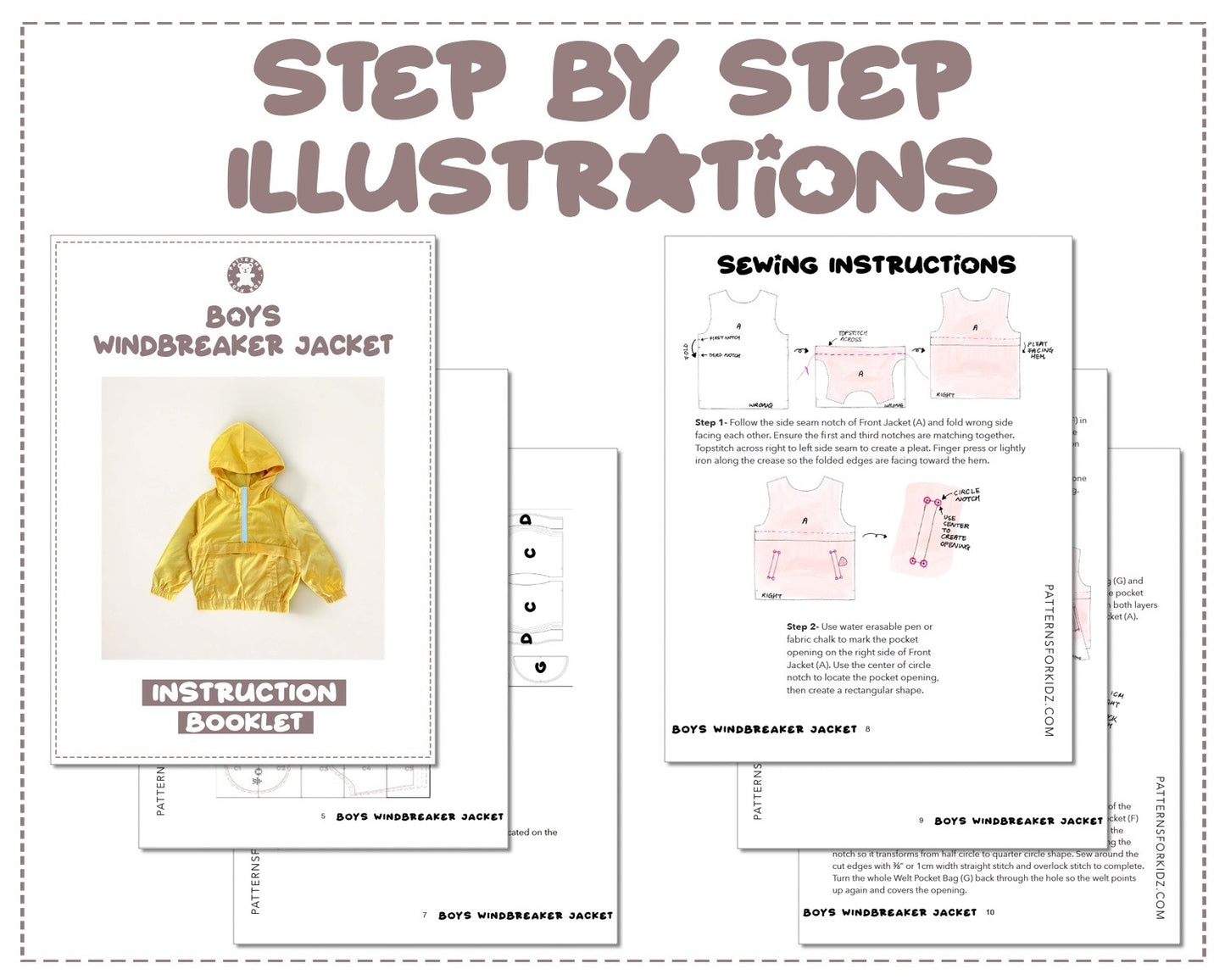 Boys Windbreaker Jacket sewing pattern step by step illustrations.