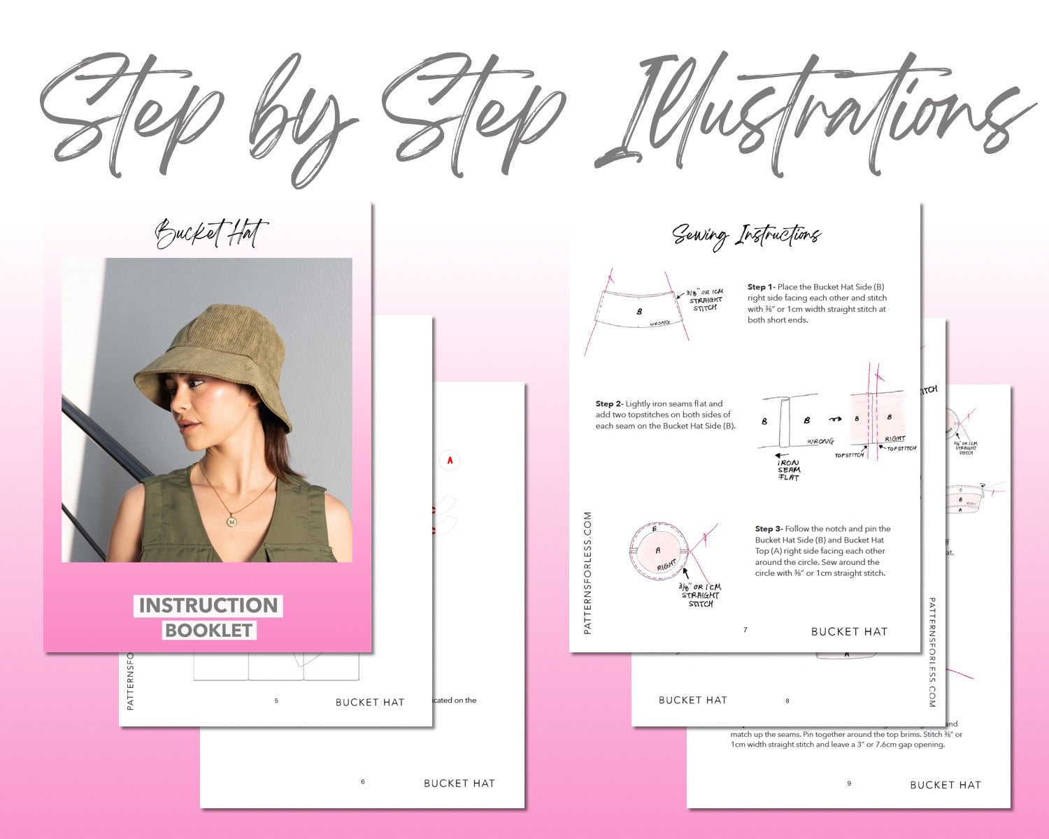 Bucket Hat sewing pattern step by step illustrations.