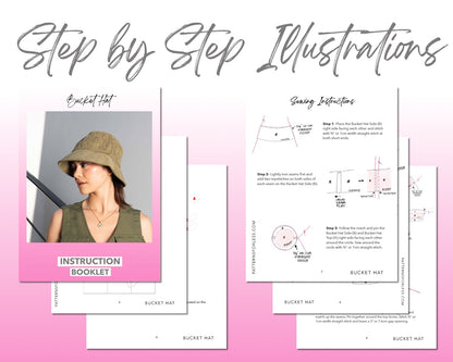 Bucket Hat sewing pattern step by step illustrations.