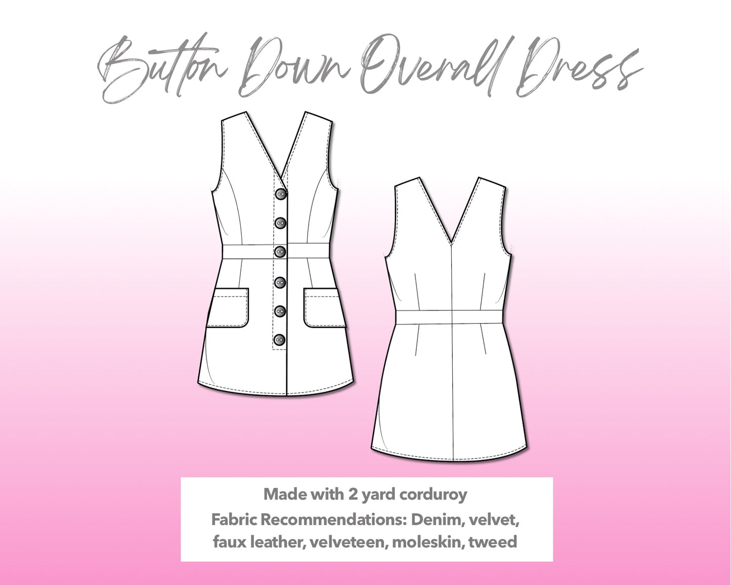 Illustration and detailed description for Button Down Overall Dress sewing pattern.