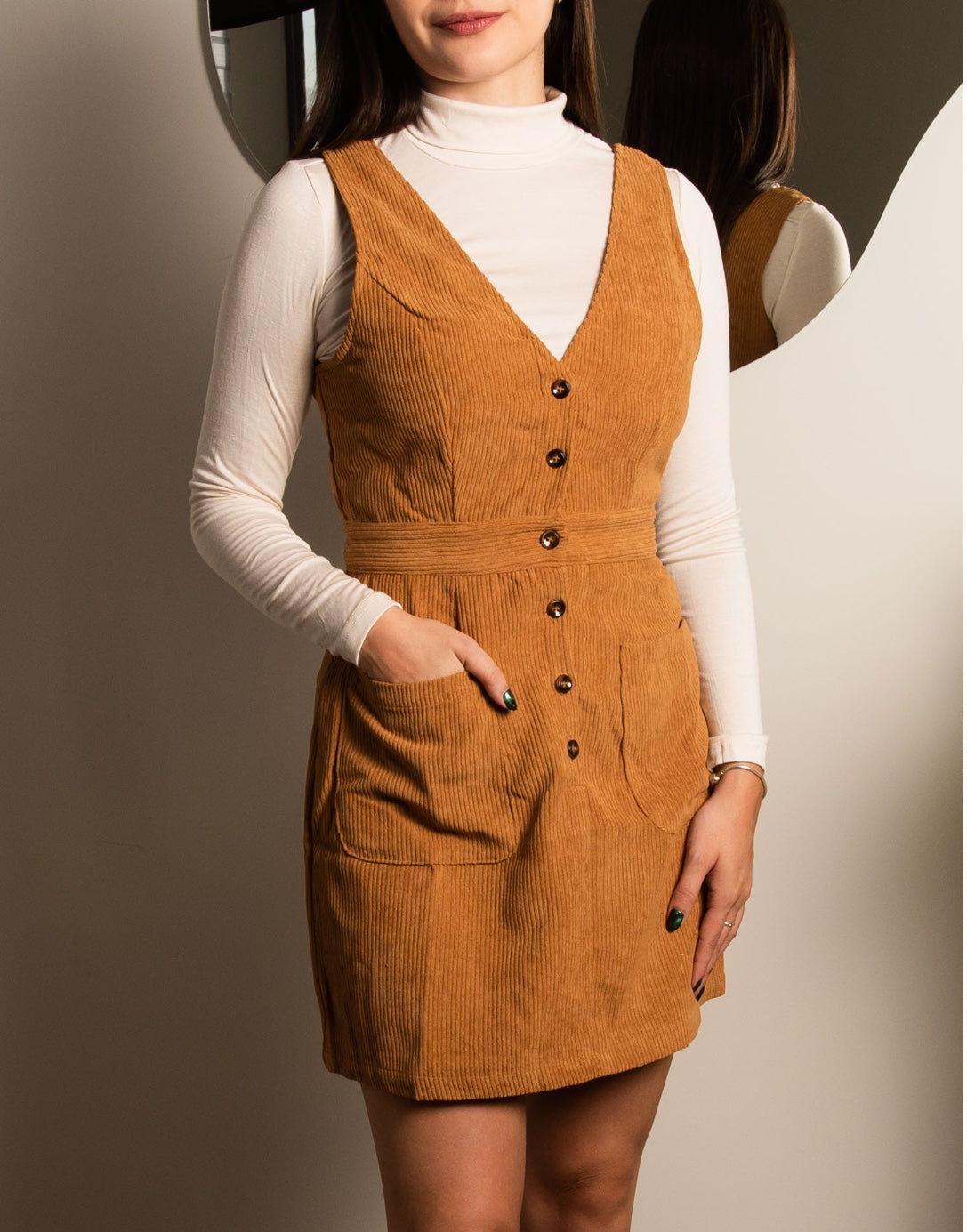 Front view of Button Down Overall Dress.