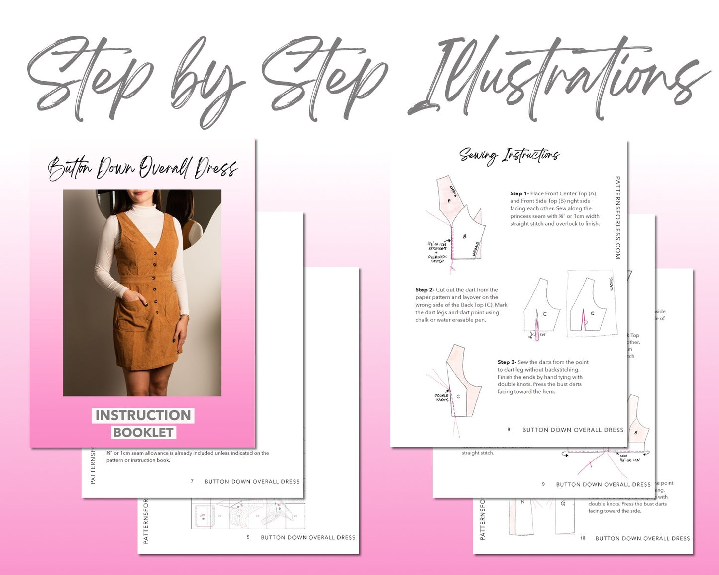Button Down Overall Dress sewing pattern step by step illustrations.