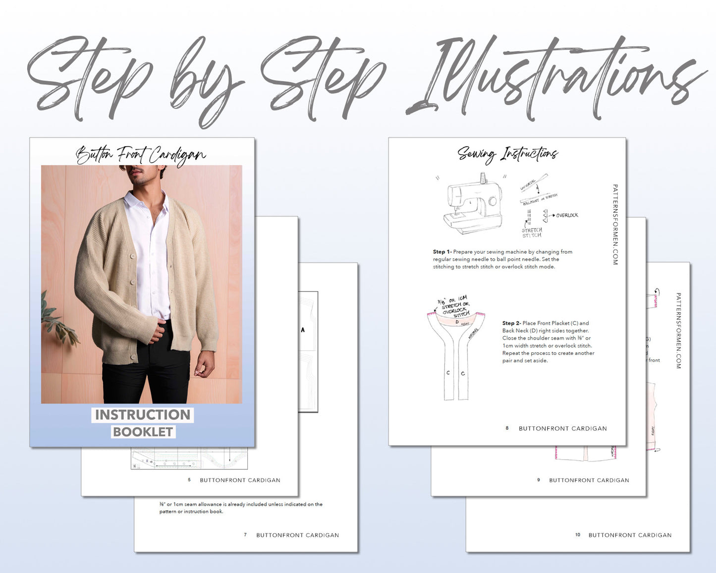 Button Front Cardigan sewing pattern step by step illustrations.