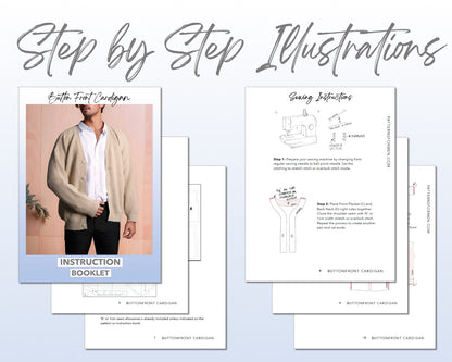 Button Front Cardigan sewing pattern step by step illustrations.