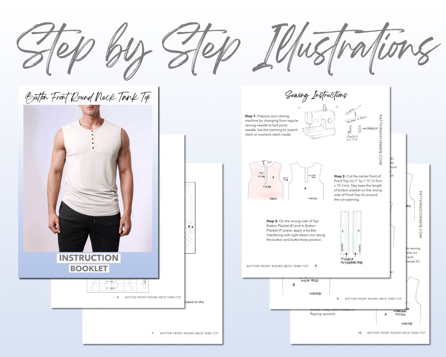 Button Front Round Neck Tank Top sewing pattern step by step illustrations.