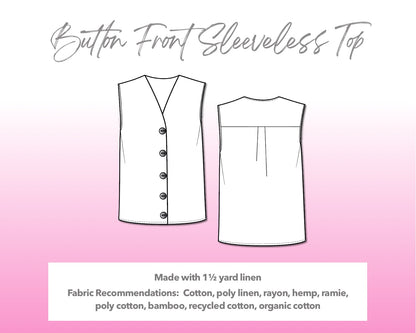 Illustration and detailed description for Button Front Sleeveless Top sewing pattern.