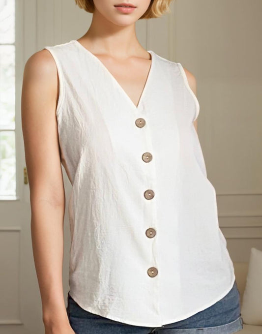 Front view of Button Front Sleeveless Top.