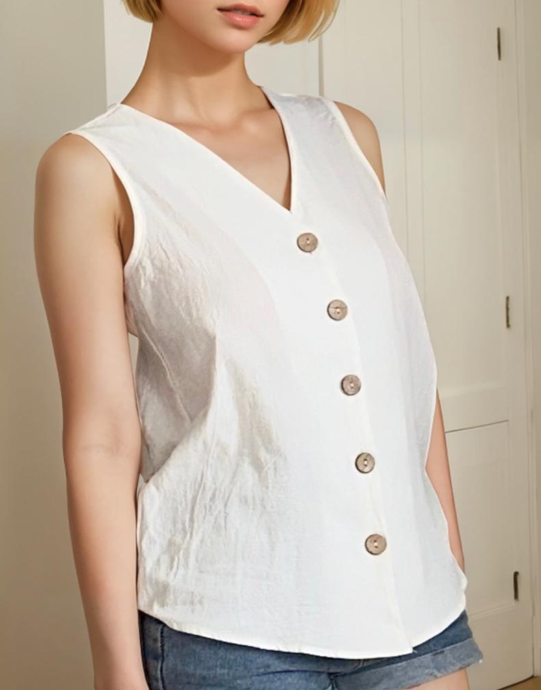 Side view of Button Front Sleeveless Top.