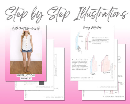Button Front Sleeveless Top sewing pattern instruction booklet showing step by step illustrations to make the garment.
