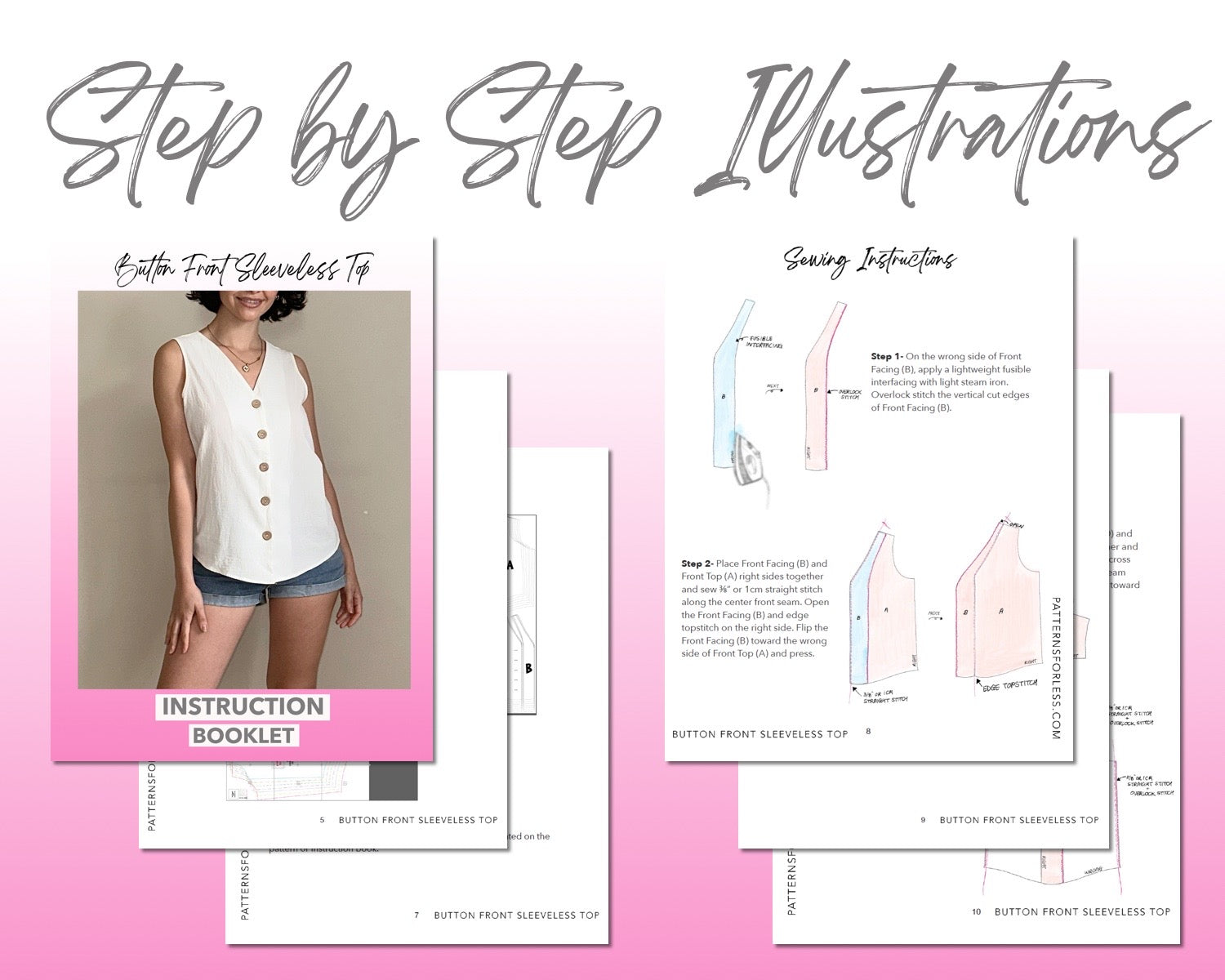 Button Front Sleeveless Top sewing pattern step by step illustrations.