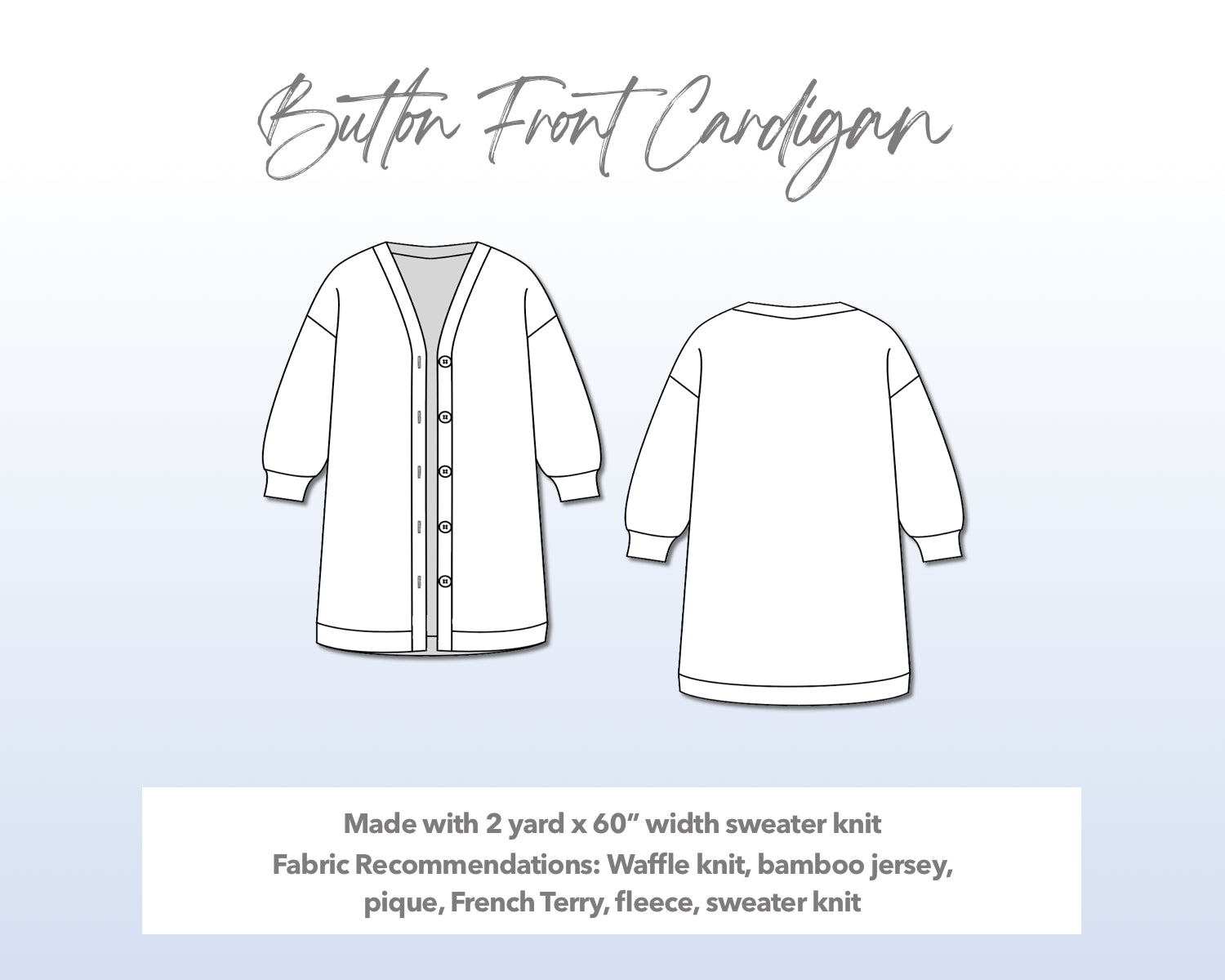 Illustration and detailed description for Button Front Cardigan sewing pattern.