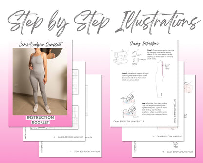 Cami Bodycon Jumpsuit sewing pattern step by step illustrations.