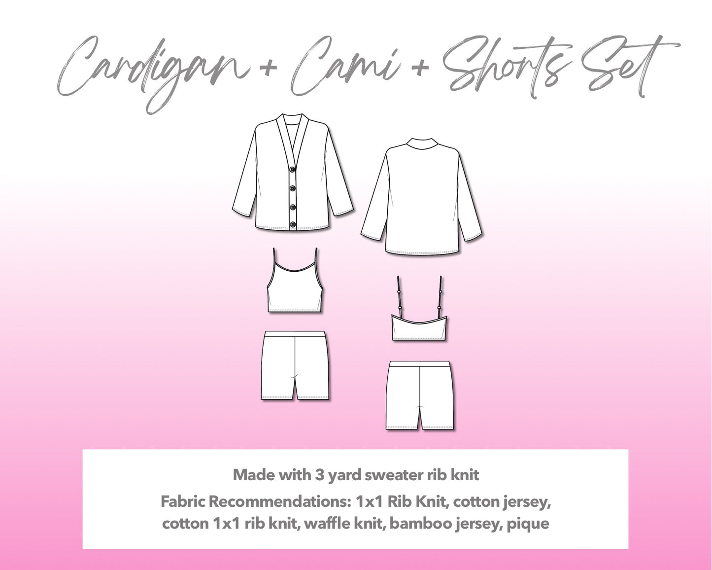 Illustration and detailed description for Cardigan Crop Top and Shorts Set sewing pattern.