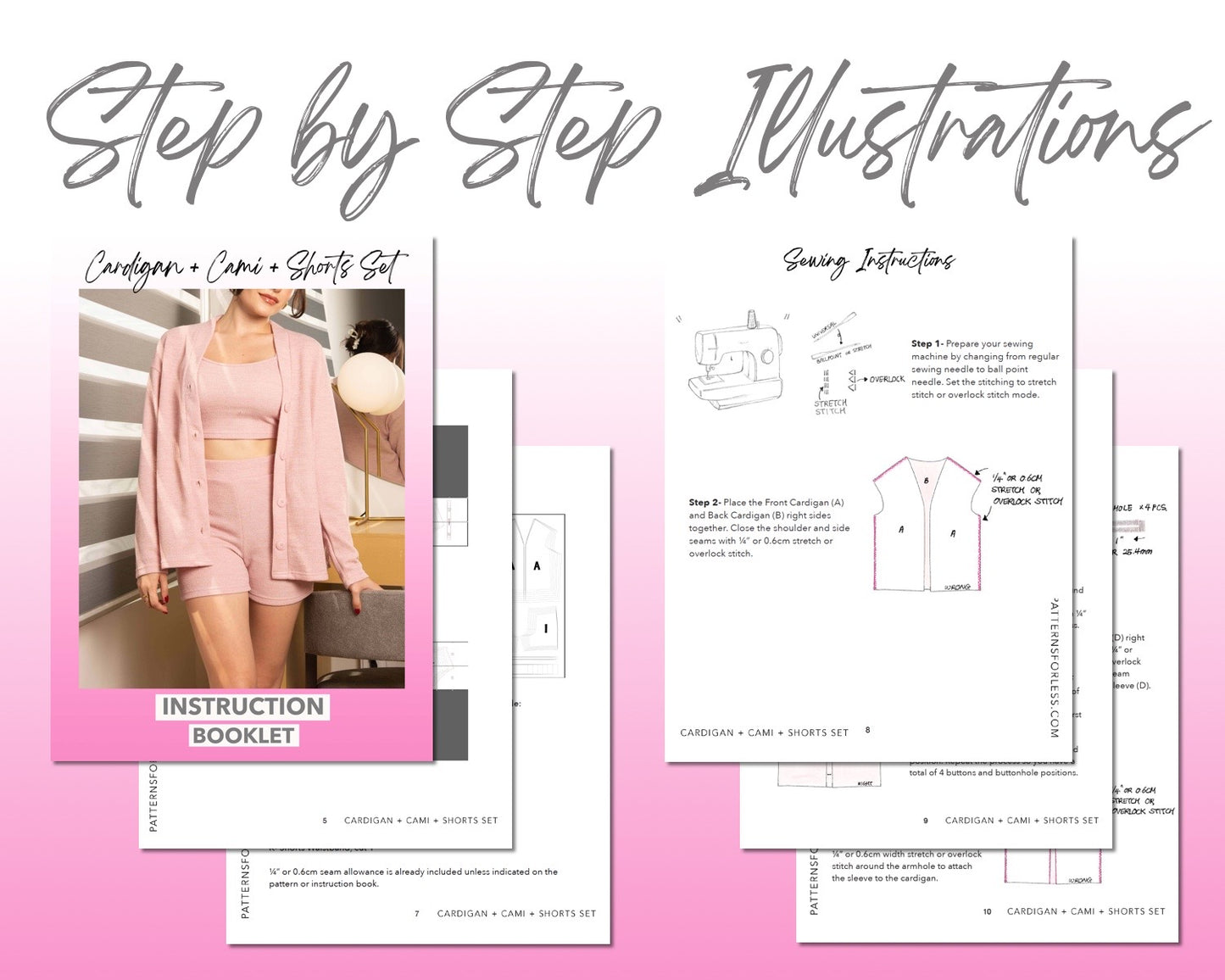 Cardigan Crop Top and Shorts Set sewing pattern step by step illustrations.