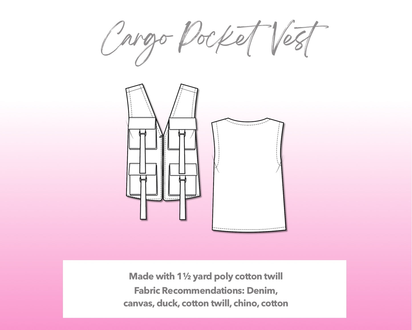 Illustration and detailed description for Cargo Pocket Vest sewing pattern.