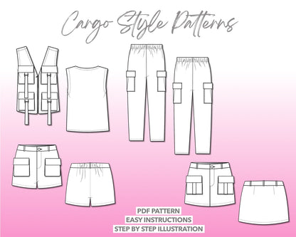 Illustration and detailed description for Cargo Pattern Bundle sewing pattern.