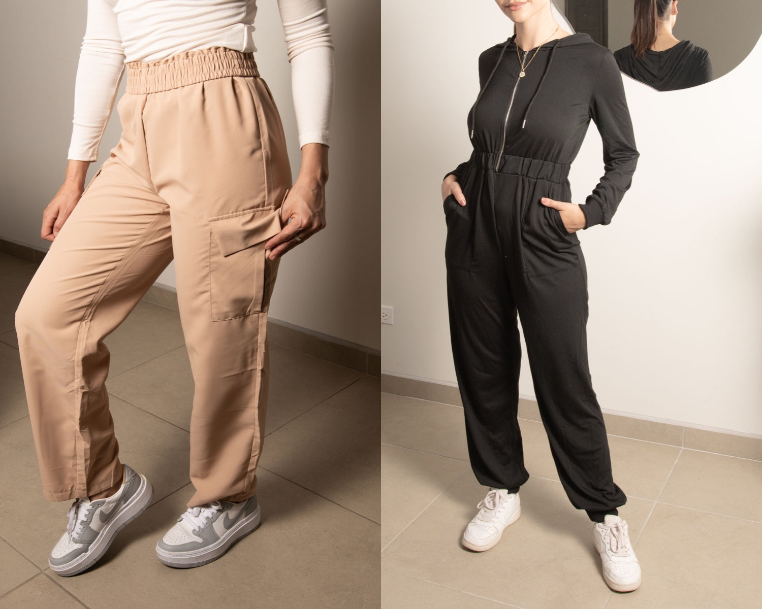 Front view of cargo pants and hooded jumpsuit